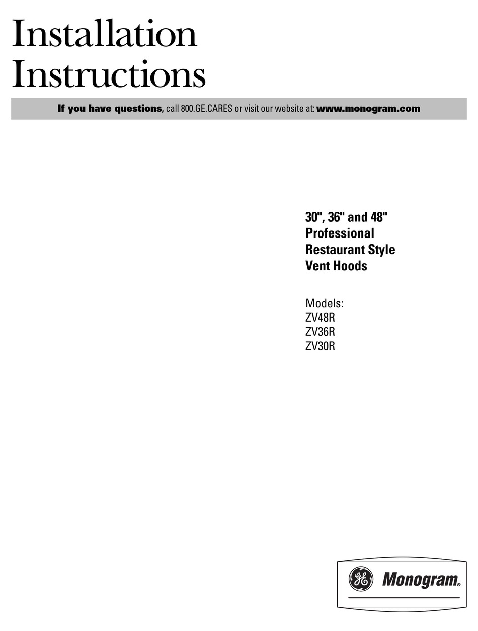 GE MONOGRAM ZV30R INSTALLATION INSTRUCTIONS MANUAL Pdf Download ManualsLib