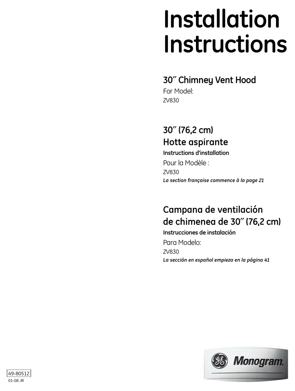 GE MONOGRAM ZV830 INSTALLATION INSTRUCTIONS MANUAL Pdf Download