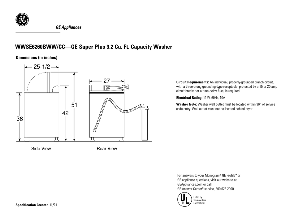 GE PROFILE WWSE6260BCC SPECIFICATIONS Pdf Download | ManualsLib