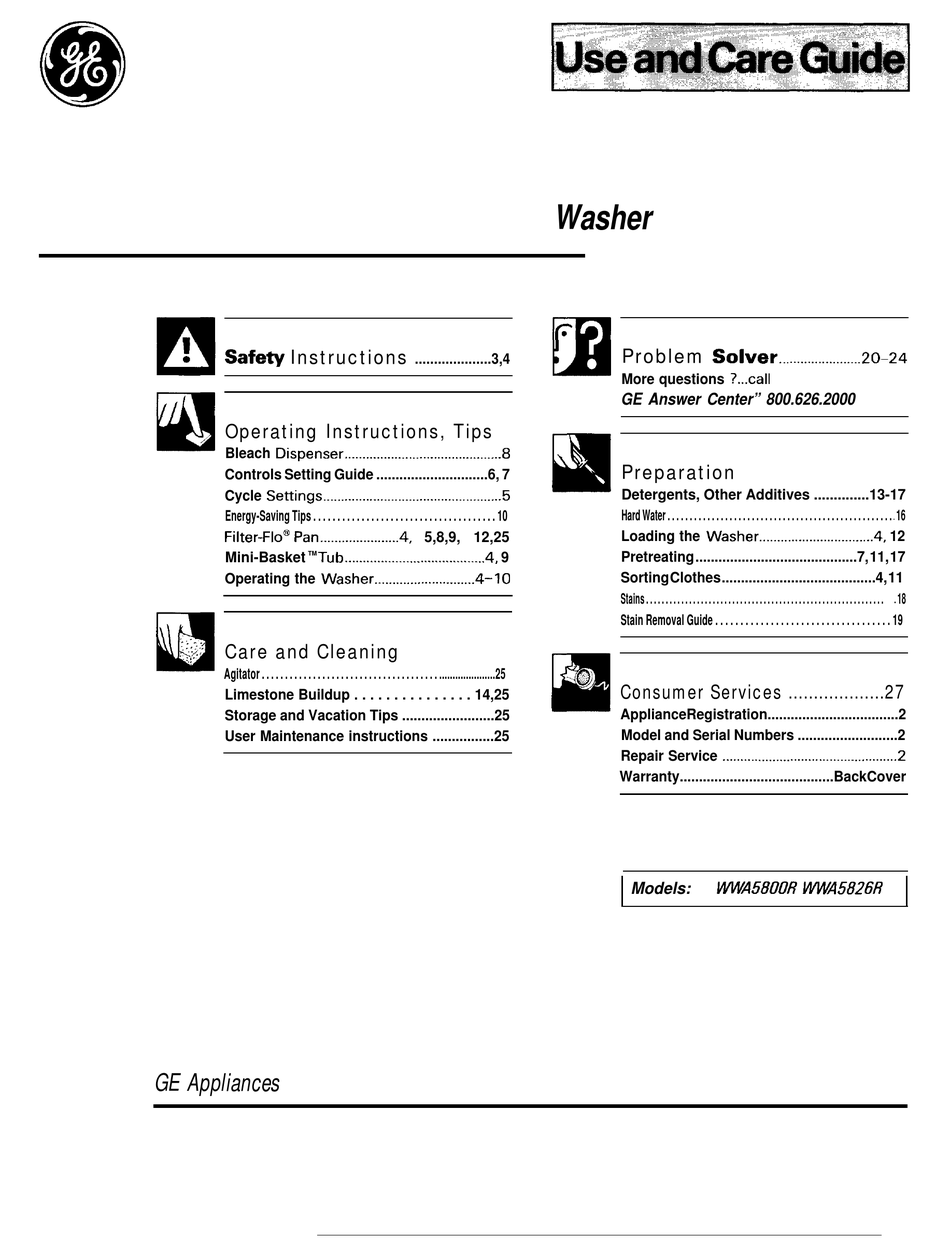 GE WA5800R USE AND CARE MANUAL Pdf Download ManualsLib