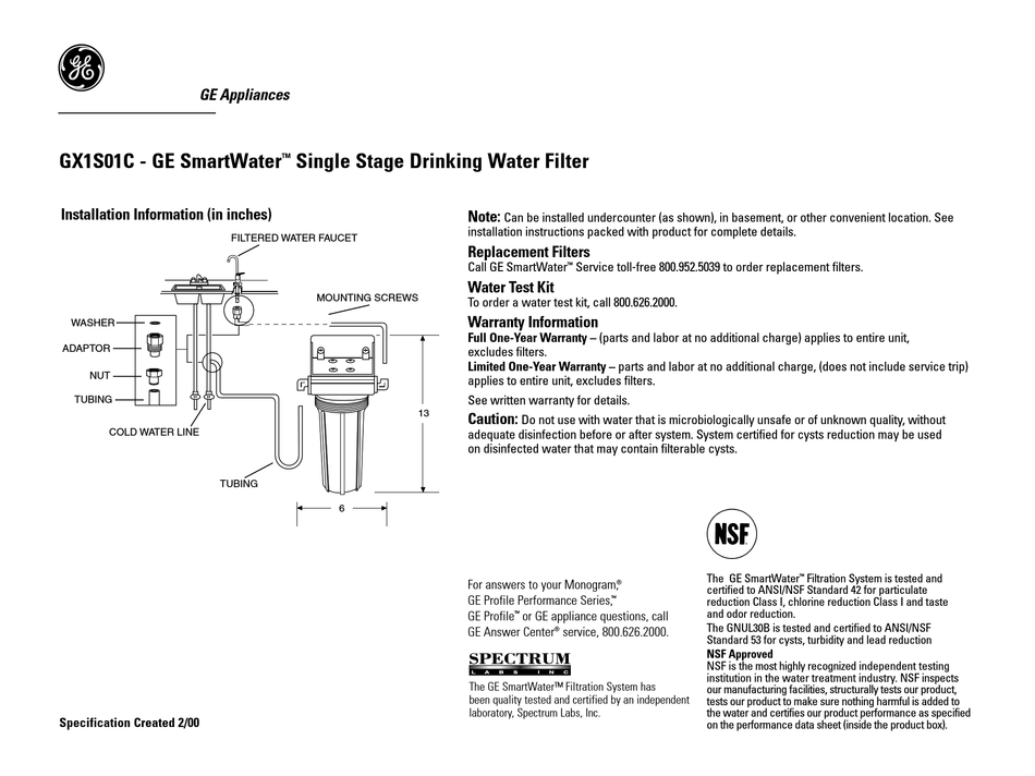 GE SMARTWATER GX1S01C FEATURES Pdf Download ManualsLib