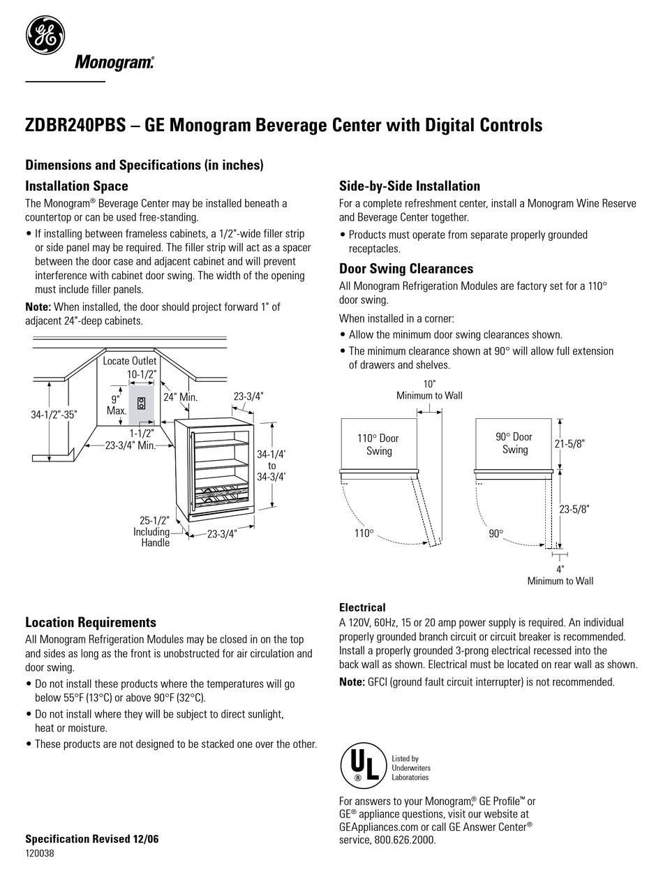 GE MONOGRAM ZDBR240PBS DIMENSION MANUAL Pdf Download ManualsLib