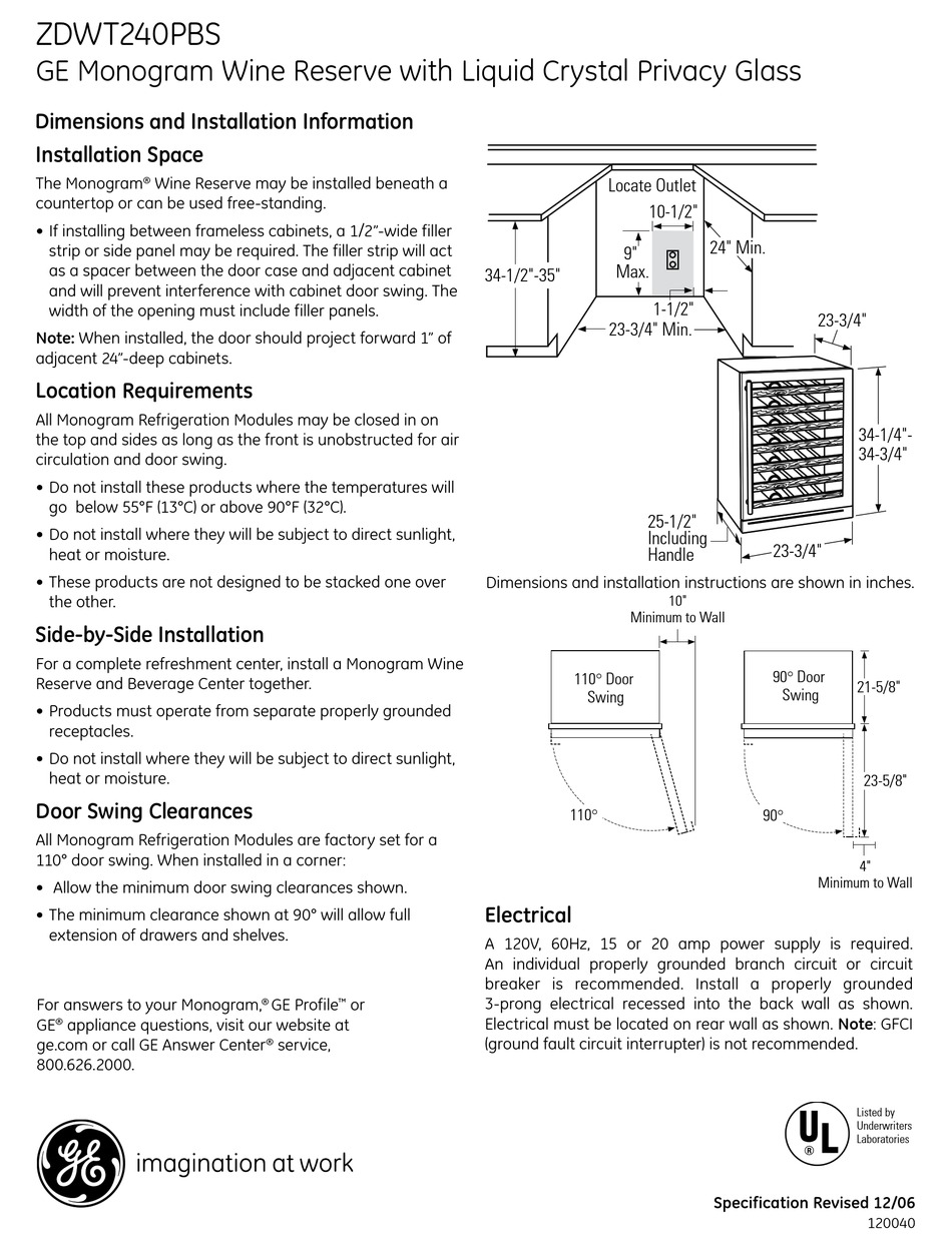 GE MONOGRAM ZDWT240PBS DIMENSIONS AND INSTALLATION INFORMATION Pdf