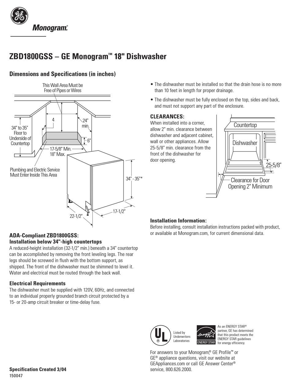 GE MONOGRAM ZBD1800GSS DIMENSION MANUAL Pdf Download ManualsLib