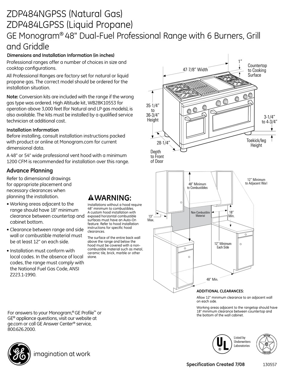GE MONOGRAM ZDP484LGPSS DIMENSIONS AND INSTALLATION INFORMATION Pdf