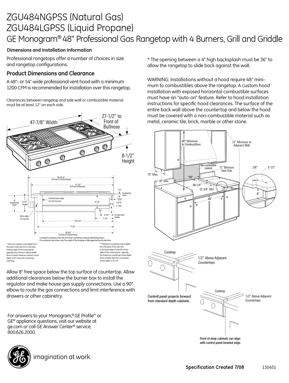 GE MONOGRAM ZGU484LGPSS DIMENSIONS AND INSTALLATION INFORMATION Pdf