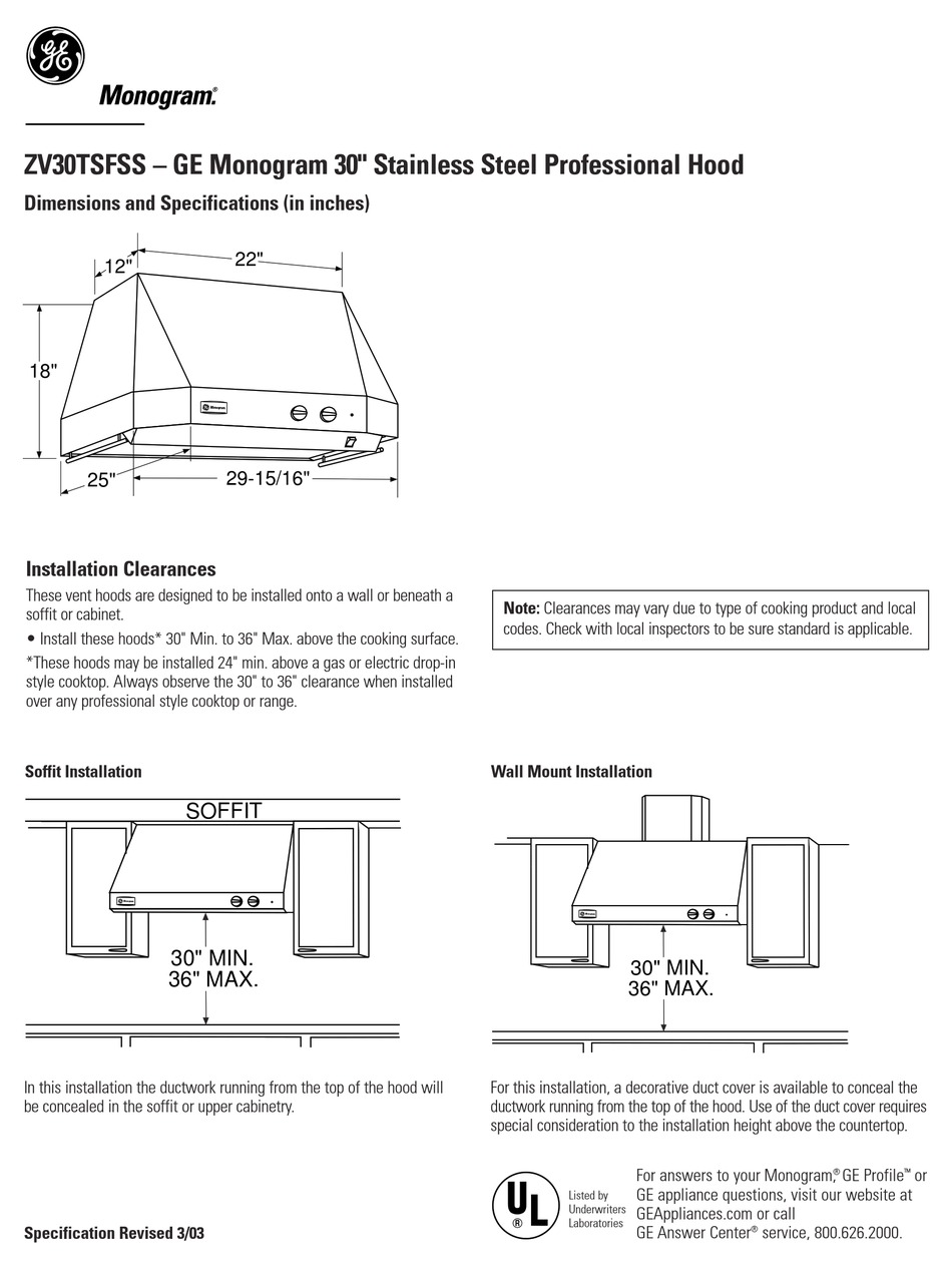 GE MONOGRAM ZV30TSFSS DIMENSIONS AND INSTALLATION INFORMATION Pdf