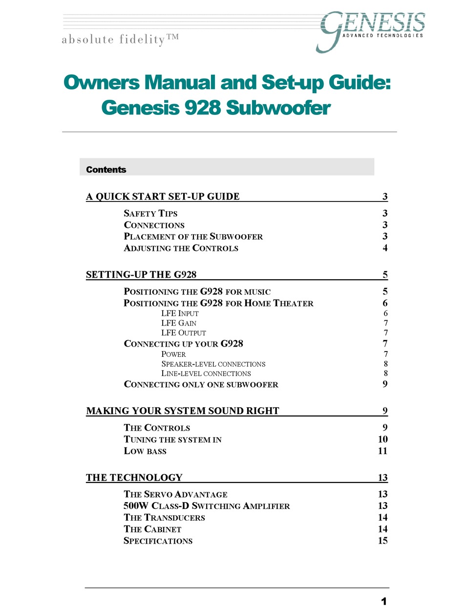 GENESIS 928 OWNERS MANUAL AND SETUP MANUAL Pdf Download ManualsLib