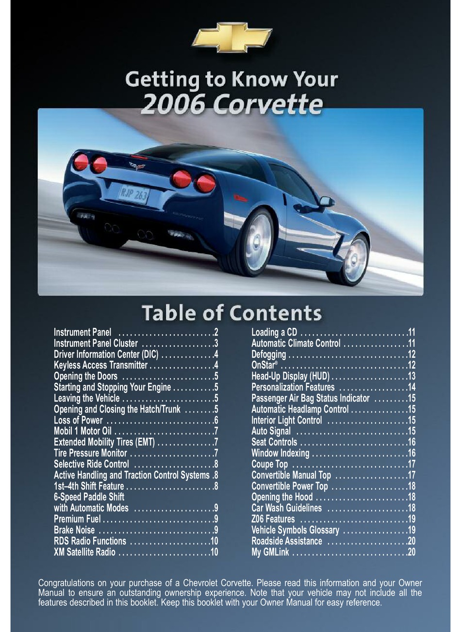 CHEVROLET 2006 CORVETTE GETTING TO KNOW MANUAL Pdf Download ManualsLib