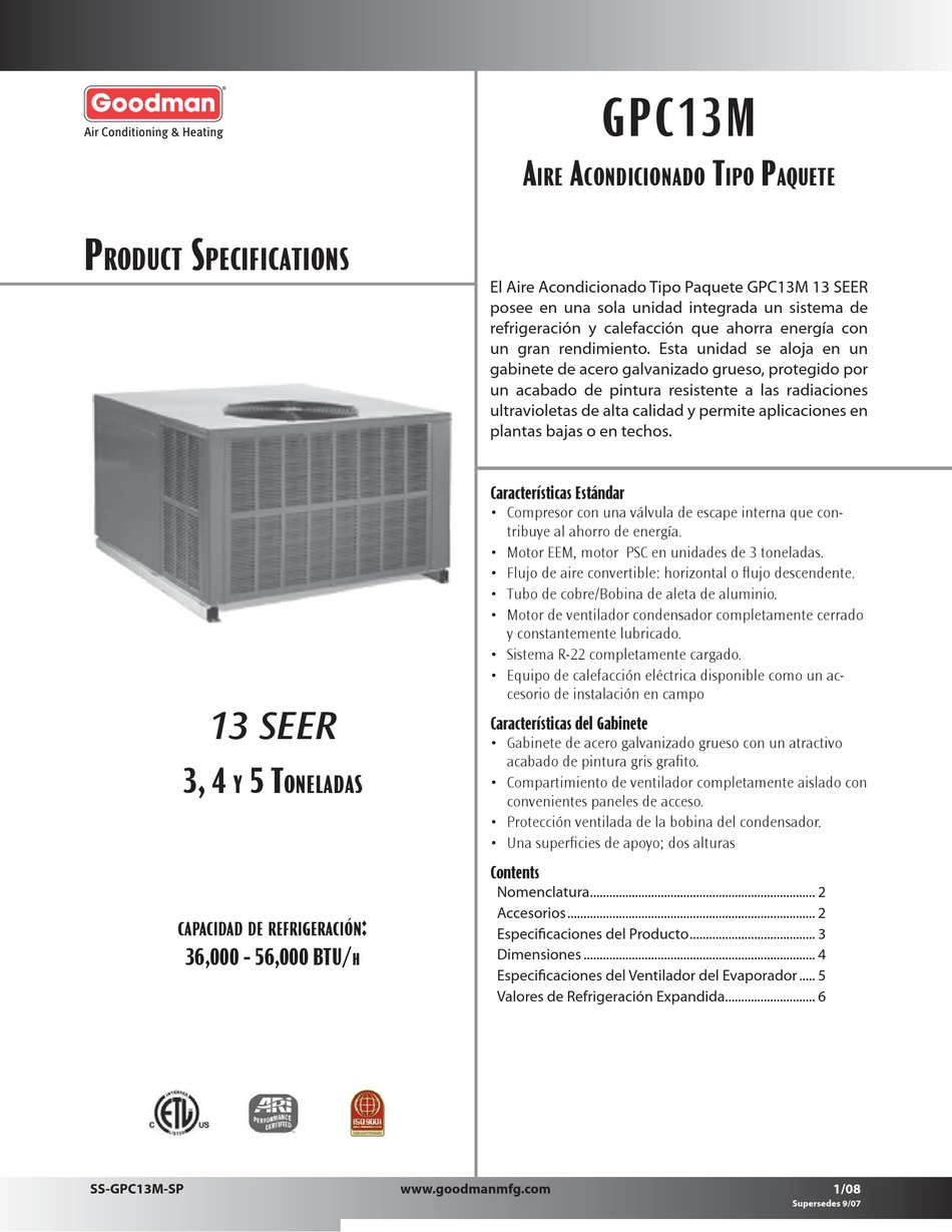 GOODMAN 13 SEER GPC13M PRODUCT SPECIFICATIONS Pdf Download ManualsLib