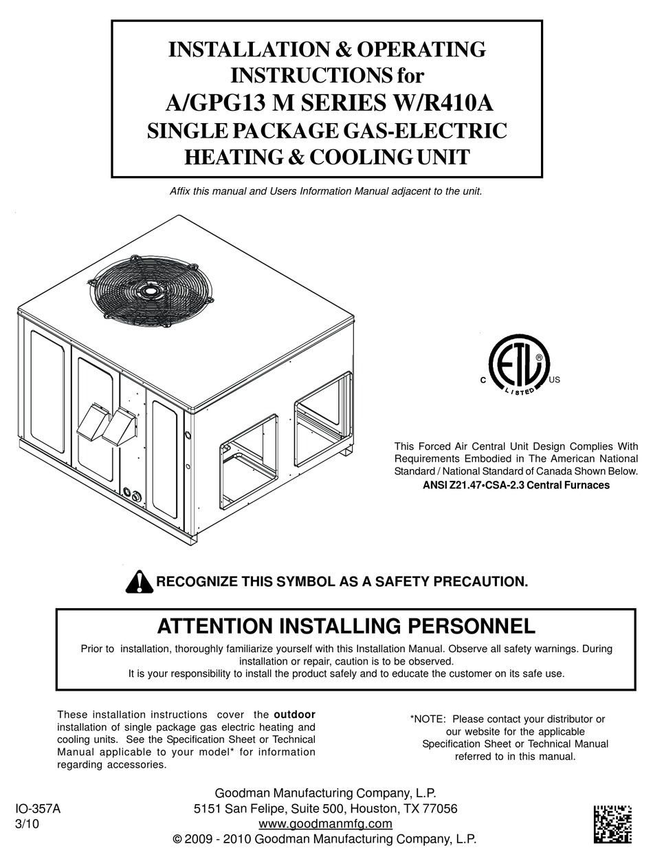 GOODMAN A/GPG13 M SERIES INSTALLATION AND OPERATING INSTRUCTIONS MANUAL