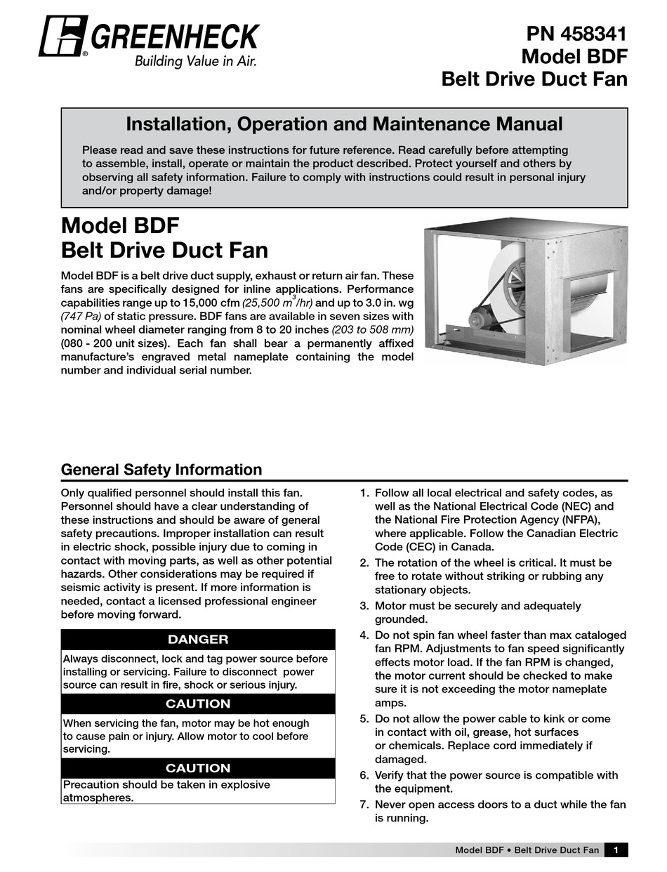 GREENHECK BELT DRIVE DUCT FAN BDF INSTALLATION, OPERATION AND