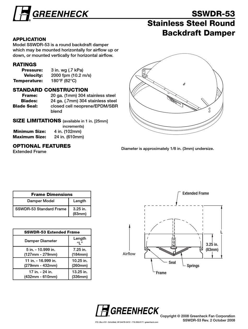 GREENHECK STAINLESS STEEL ROUND BACKDRAFT DAMPER SSWDR53 SPECIFICATION