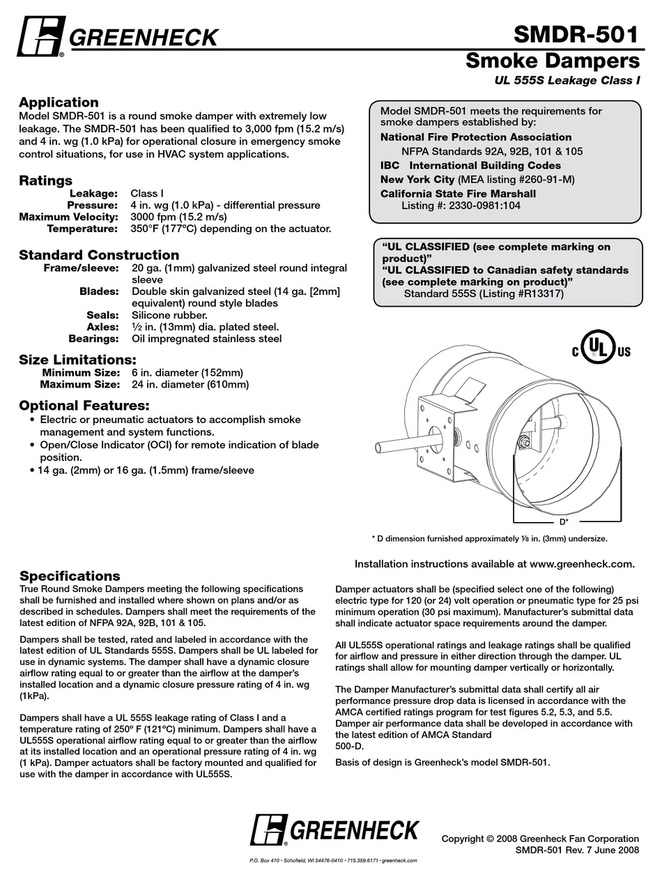 GREENHECK UL555S LEAKAGE CLASS I SMDR501 SPECIFICATION SHEET Pdf