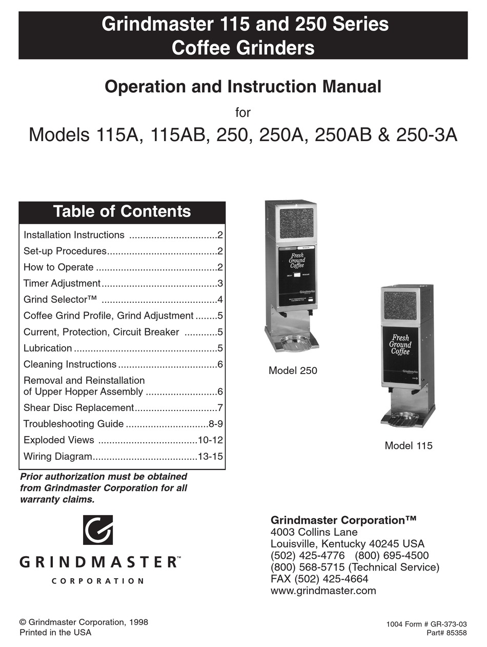 GRINDMASTER 115 OPERATION AND INSTRUCTION MANUAL Pdf Download ManualsLib