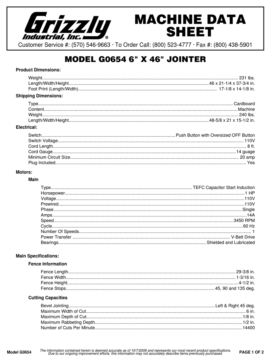 GRIZZLY G0654 MACHINE DATA SHEET Pdf Download ManualsLib