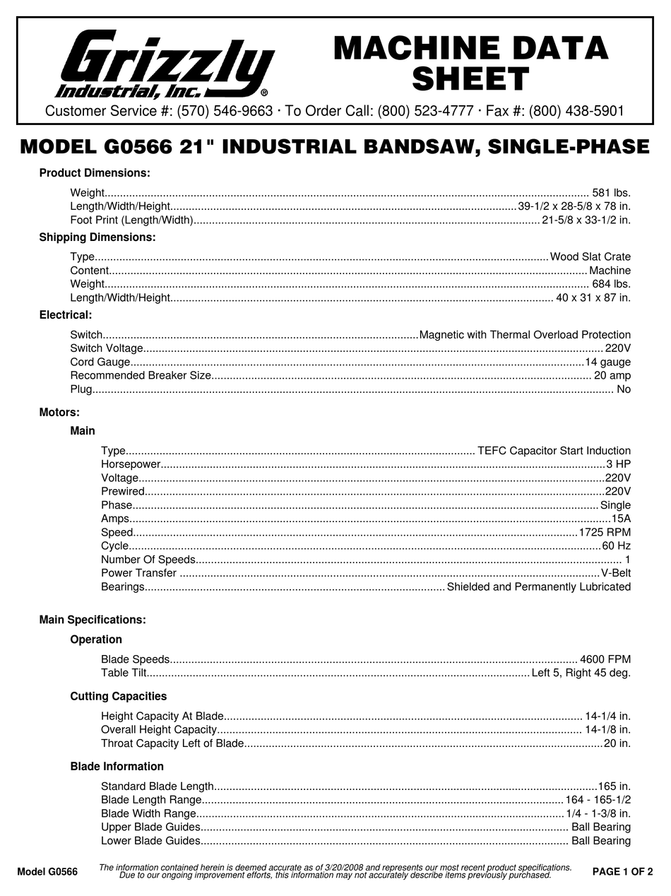 GRIZZLY G0566 MACHINE DATA SHEET Pdf Download ManualsLib