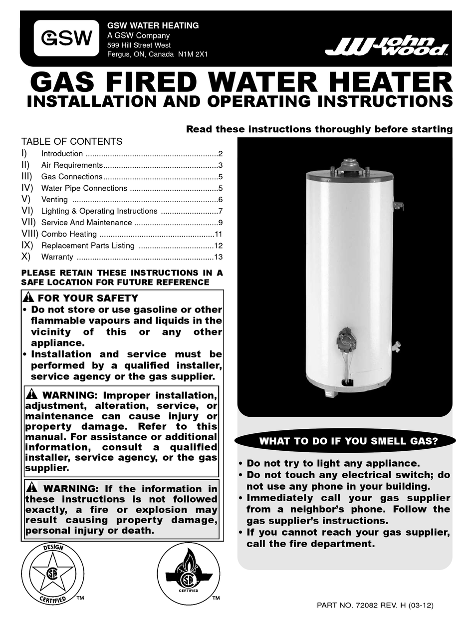 GSW GAS FIRED WATER HEATER INSTALLATION AND OPERATING INSTRUCTIONS
