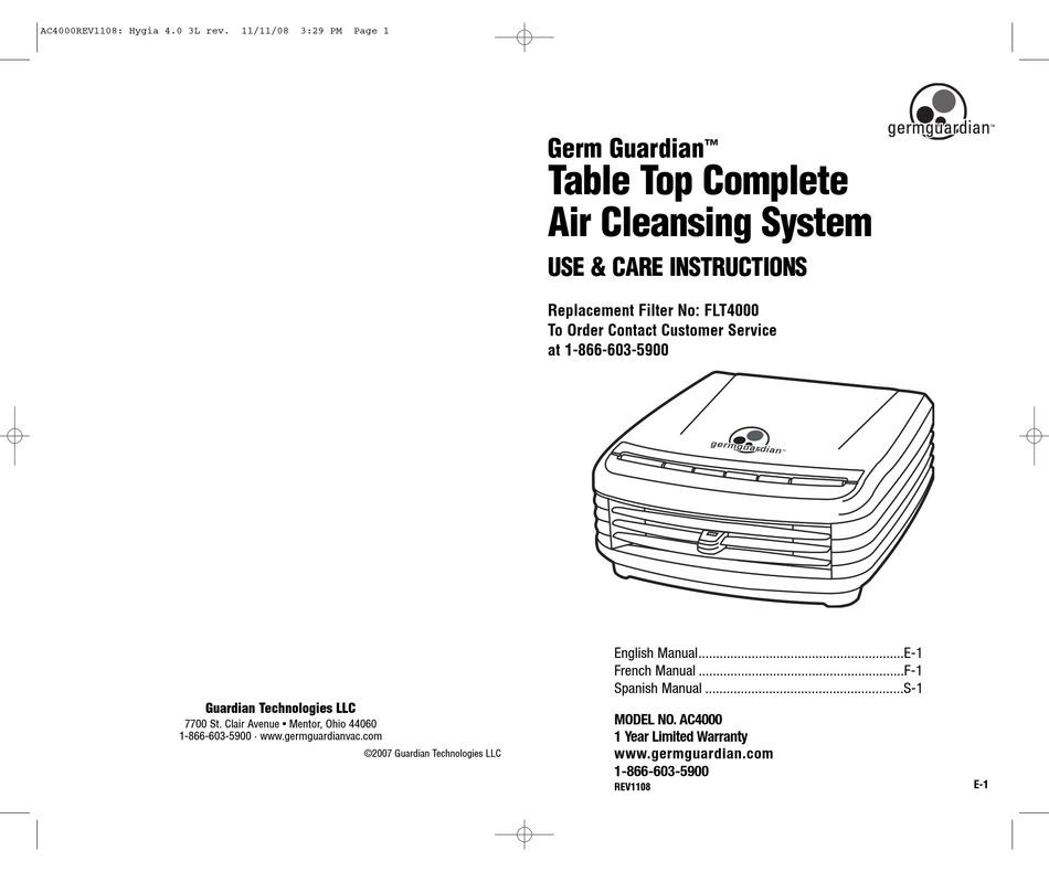 GUARDIAN GERM AC4000 USE & CARE INSTRUCTIONS MANUAL Pdf Download