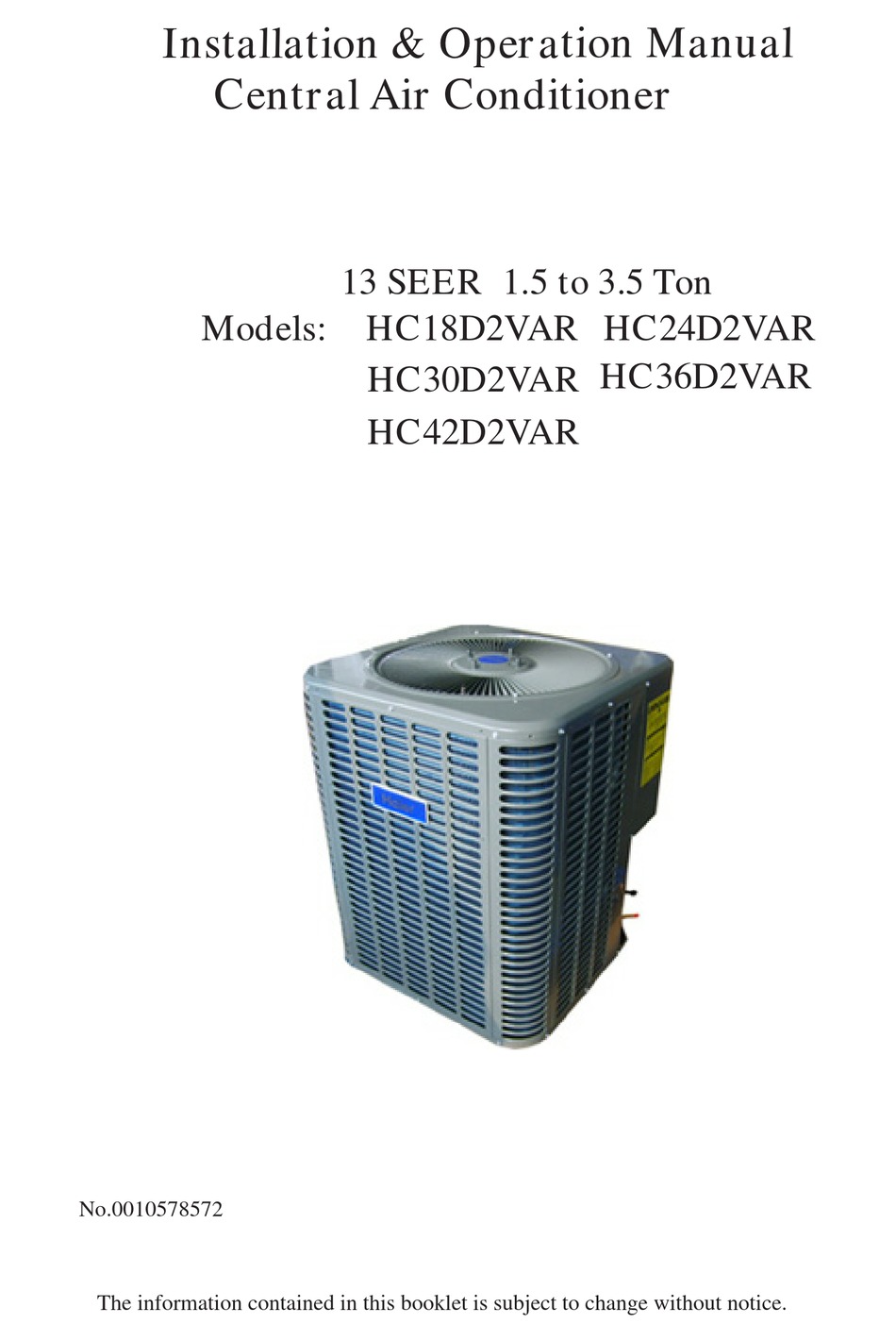 HAIER HC18D2VAR INSTALLATION & OPERATION MANUAL Pdf Download | ManualsLib