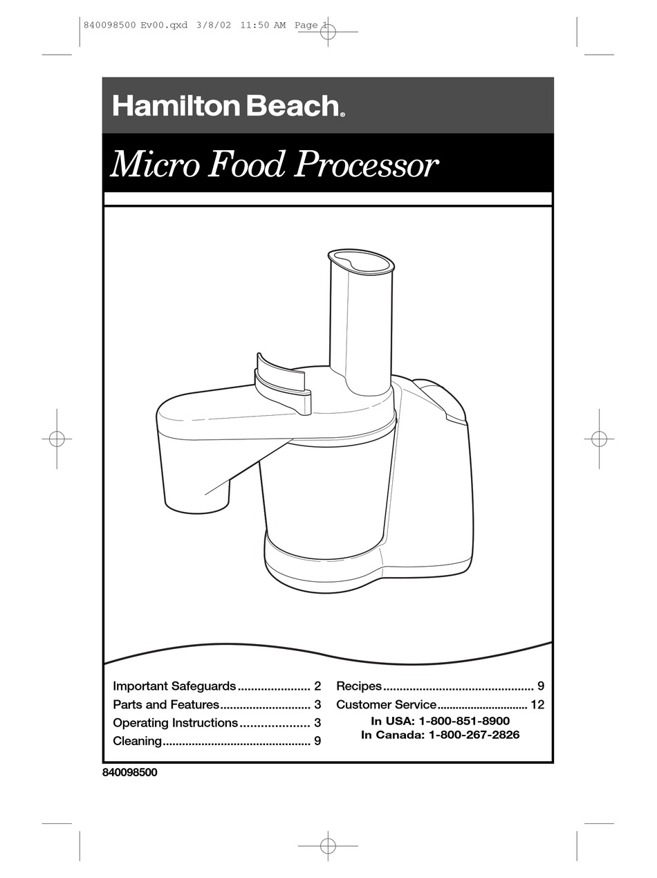 HAMILTON BEACH 70200 OPERATING INSTRUCTIONS MANUAL Pdf Download
