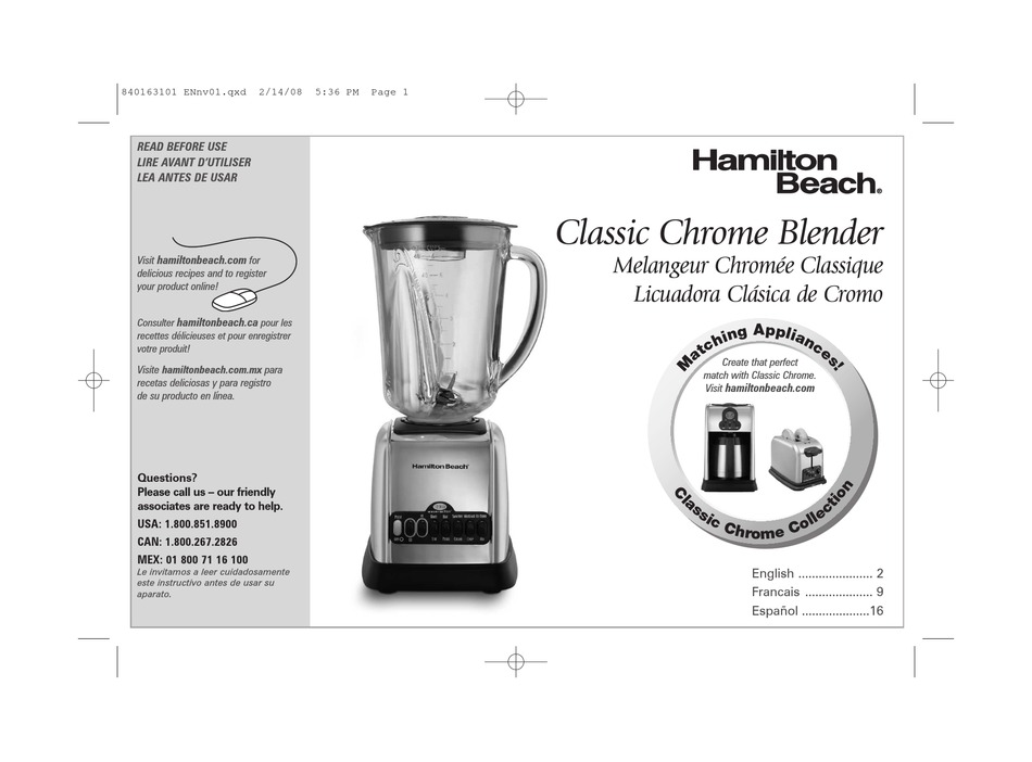 HAMILTON BEACH CLASSIC CHROME BLENDER USER MANUAL Pdf Download | ManualsLib