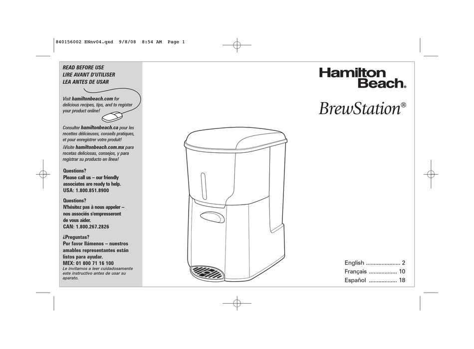 HAMILTON BEACH BREWSTATION COFFEE BREWSTATION OWNER'S MANUAL Pdf