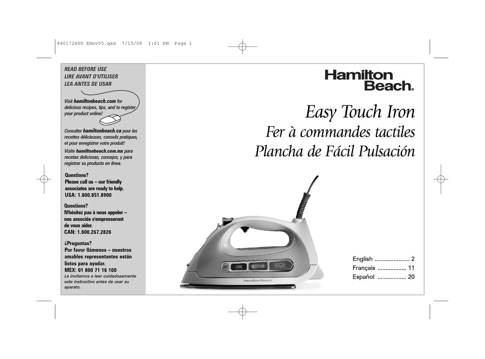 HAMILTON BEACH EASY TOUCH IRON OWNER'S MANUAL Pdf Download | ManualsLib