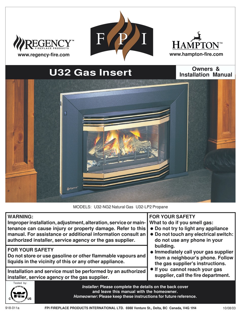 Fpi U32 Lp2 Owners Installation, Fireplace Insert With Blower Instructions