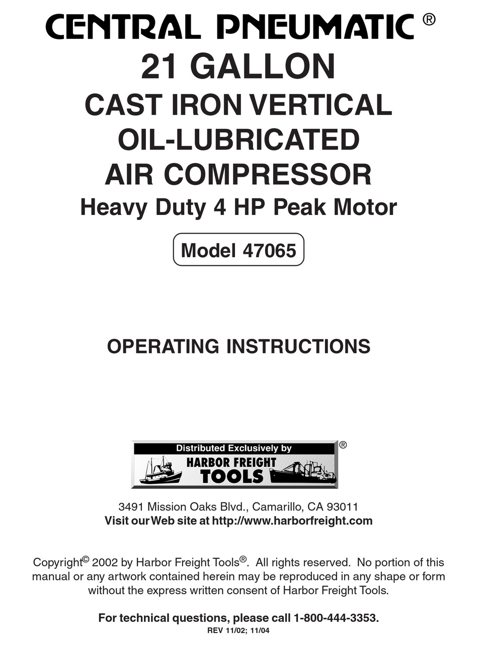 HARBOR FREIGHT TOOLS CENTRAL PNEUMATIC 47065 OPERATING INSTRUCTIONS MANUAL  Pdf Download