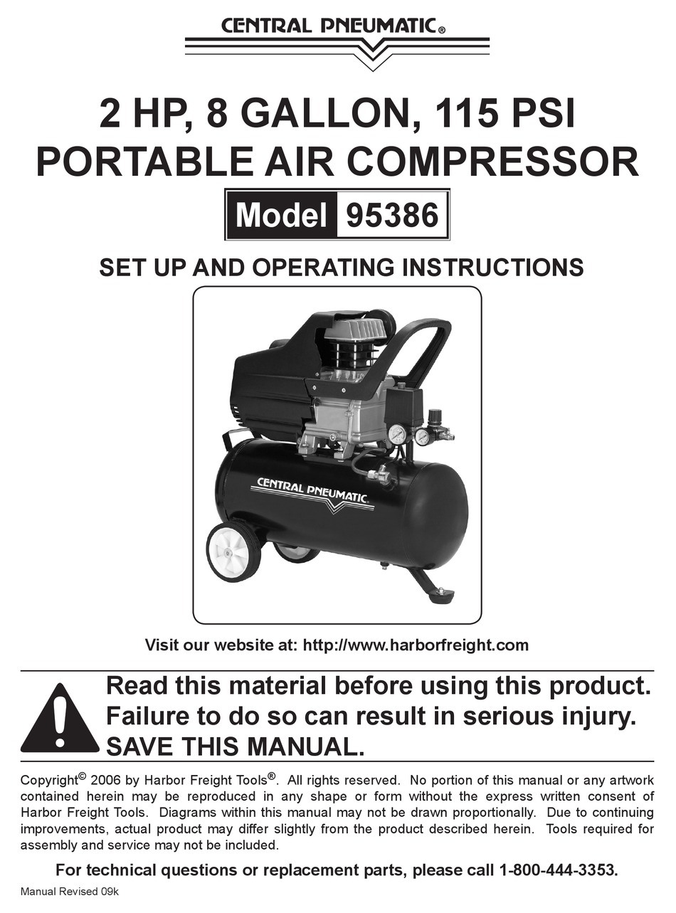 CENTRAL PNEUMATIC 95386 SET UP AND OPERATING INSTRUCTIONS MANUAL Pdf