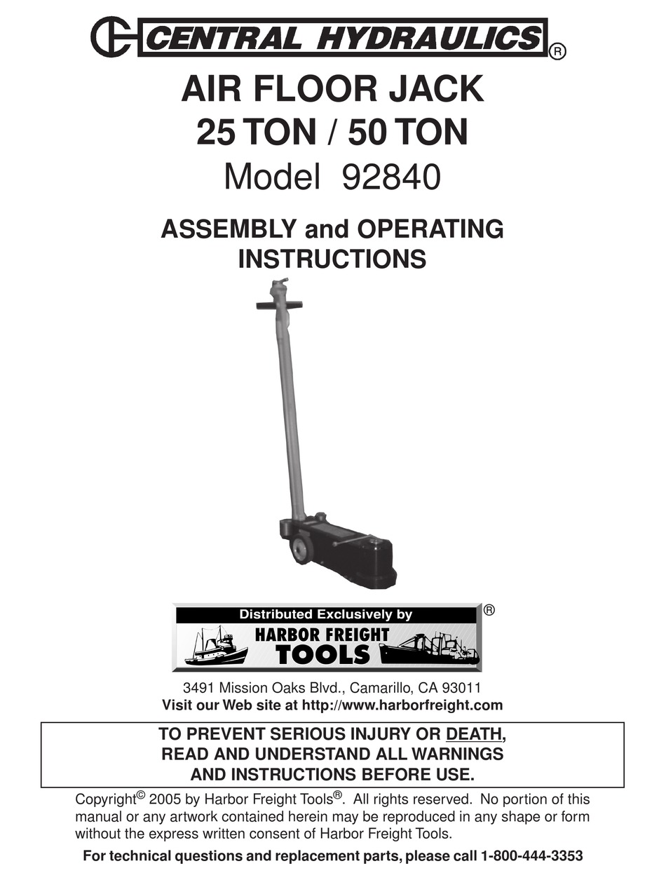 CENTRAL HYDRAULICS 92840 ASSEMBLY AND OPERATING INSTRUCTIONS MANUAL Pdf