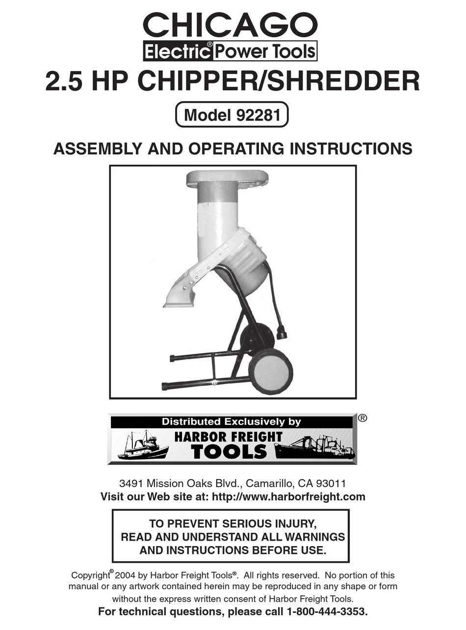 CHICAGO ELECTRIC 92281 ASSEMBLY AND OPERATING INSTRUCTIONS MANUAL Pdf