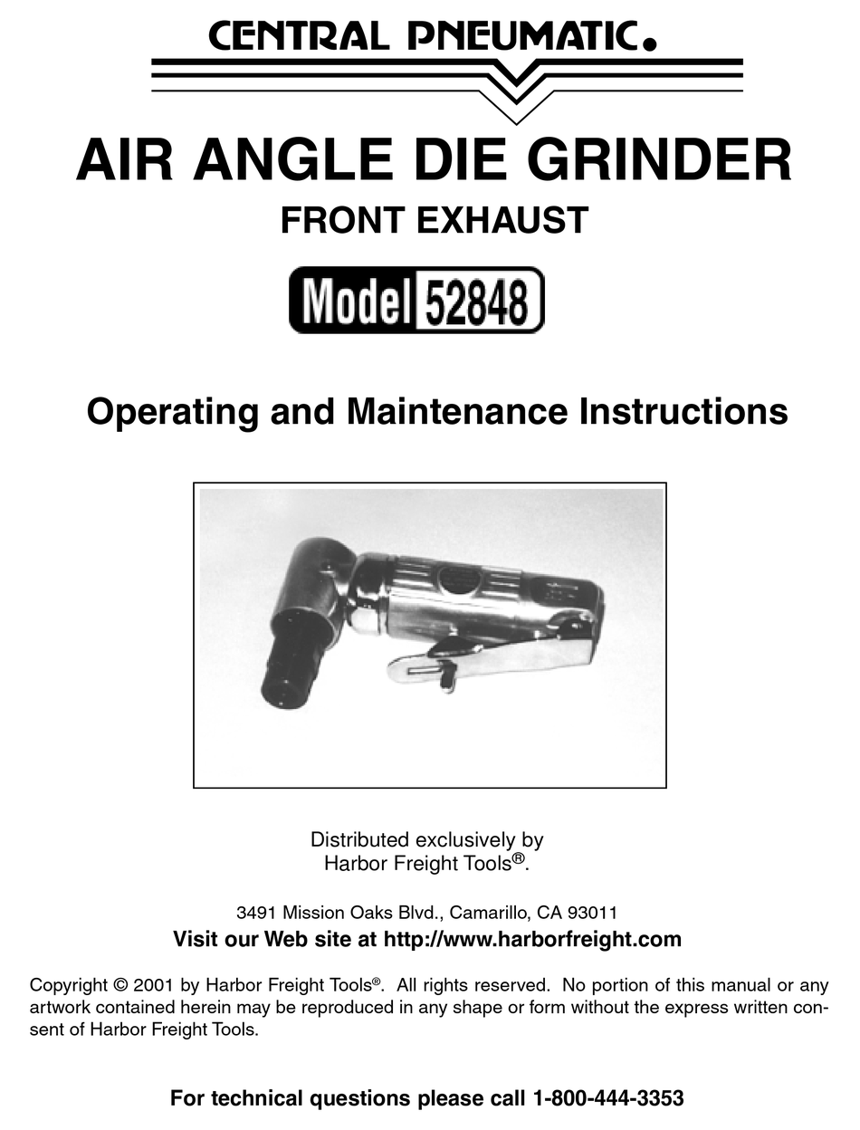 CENTRAL PNEUMATIC 52848 OPERATING AND MAINTENANCE INSTRUCTIONS MANUAL