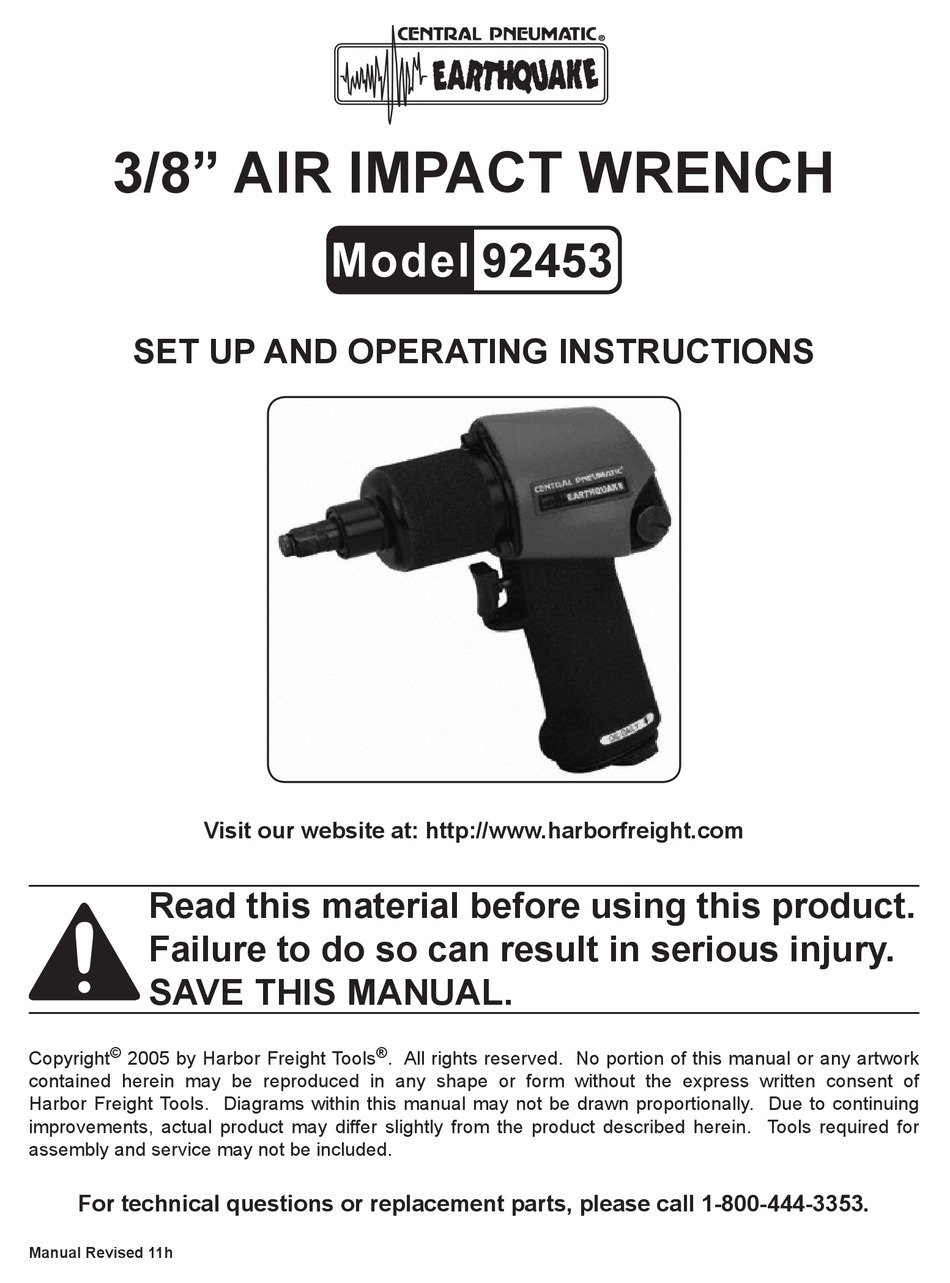 CENTRAL PNEUMATIC EARTHQUAKE 92453 SET UP AND OPERATING INSTRUCTIONS ...