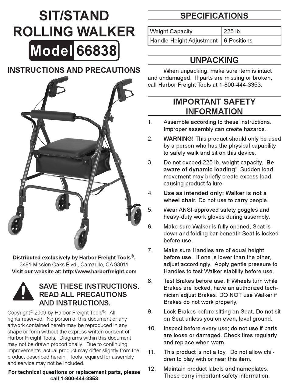 HARBOR FREIGHT TOOLS 66838 INSTRUCTIONS AND PRECAUTIONS Pdf Download