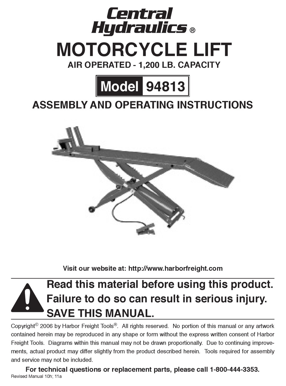 CENTRAL HYDRAULICS MOTORCYCLE LIFT 94813 ASSEMBLY AND OPERATING