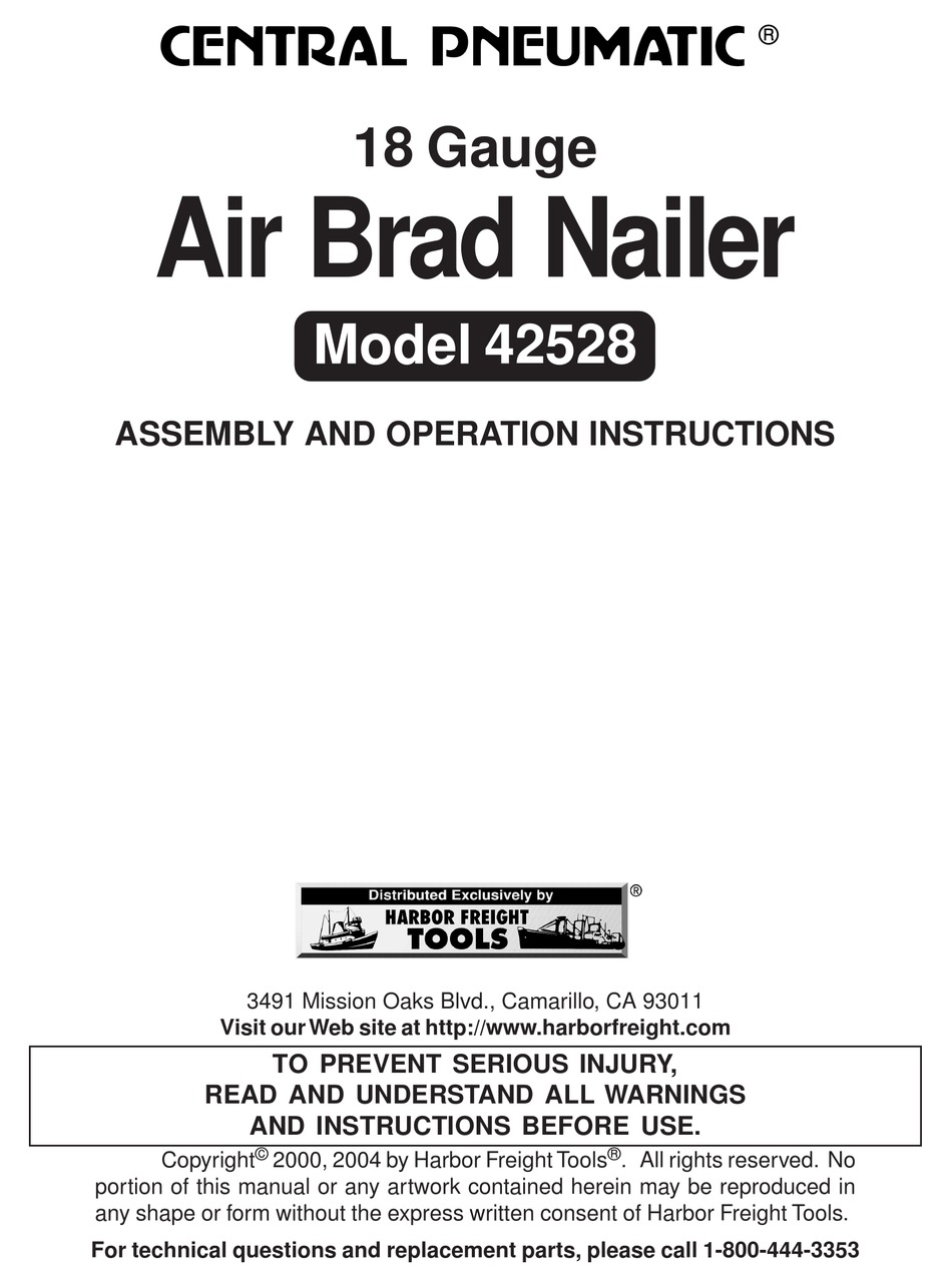 CENTRAL PNEUMATIC 42528 ASSEMBLY AND OPERATION INSTRUCTIONS MANUAL Pdf