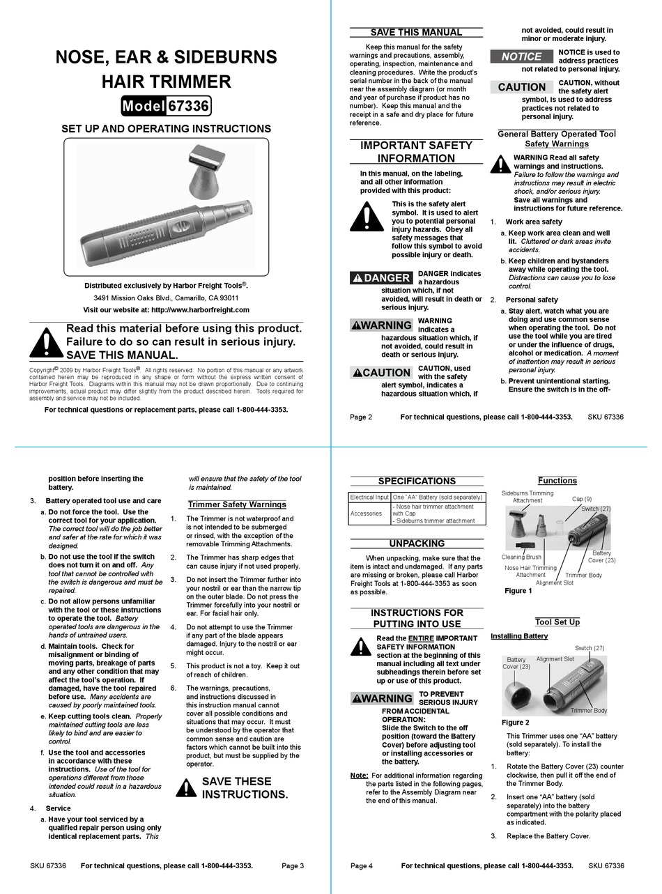 HARBOR FREIGHT TOOLS 67336 SET UP AND OPERATING INSTRUCTIONS Pdf