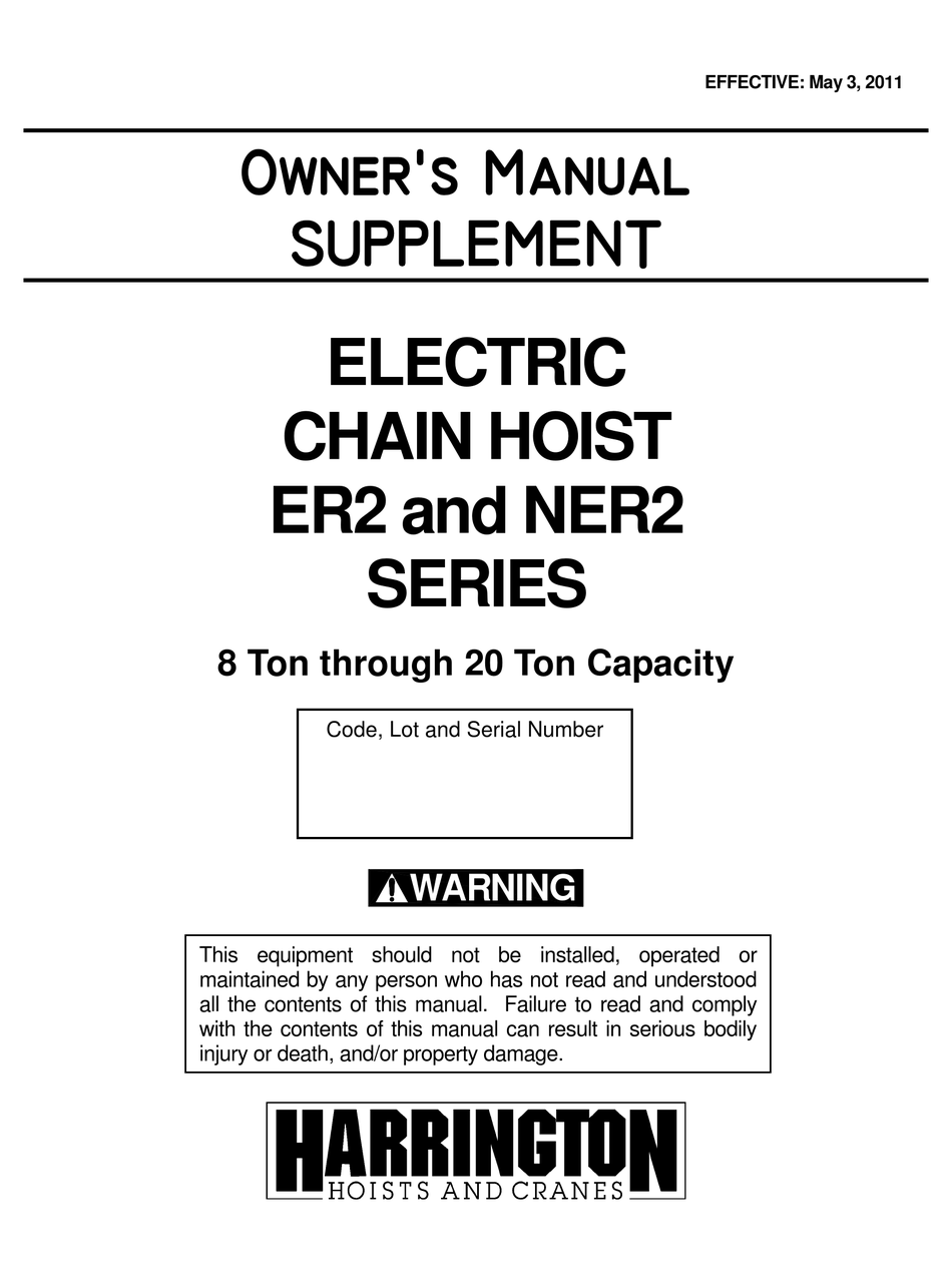 HARRINGTON HOISTS ER2 SERIES OWNER'S MANUAL SUPPLEMENT Pdf Download