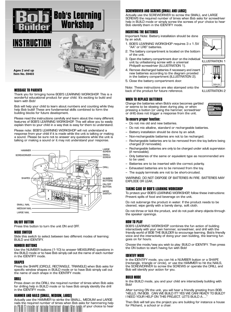 TIGER ELECTRONICS BOB'S LEARNING INSTRUCTIONS Pdf Download