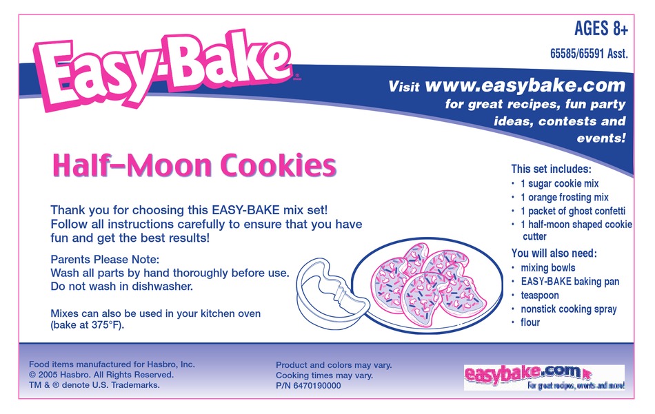 EASYBAKE EASY BAKE HALF MOON COOKIES 65585/65591 INSTRUCTION MANUAL