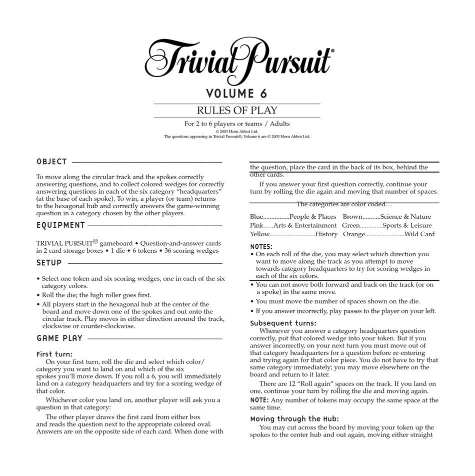 Trivial Pursuit Bet You Know It Instructions - Hasbro