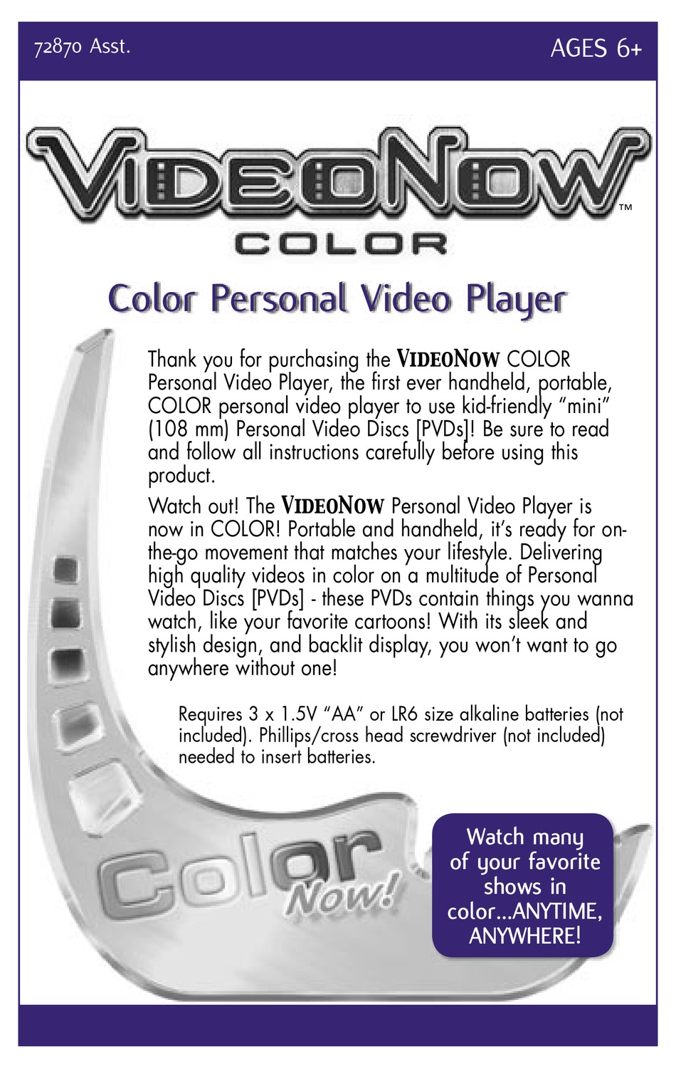 HASBRO VIDEO NOW COLOR PERSONAL VIDEO PLAYER 72870 INSTRUCTION MANUAL