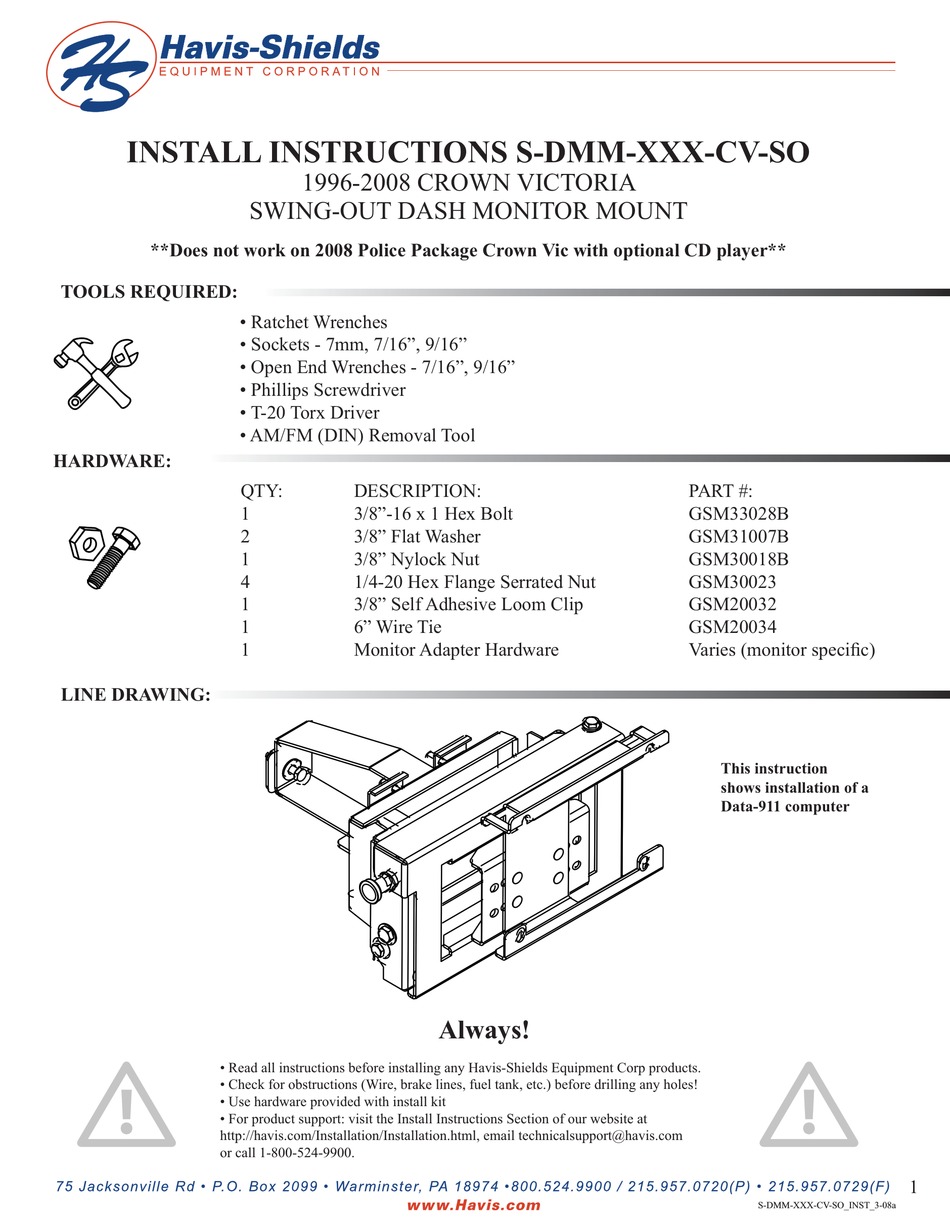 HAVIS-SHIELDS 1996-2008 CROWN VICTORIA SWING-OUT DASH MONITOR MOUNT S-DMM- XXX-CV-SO INSTALL INSTRUCTIONS Pdf Download | ManualsLib