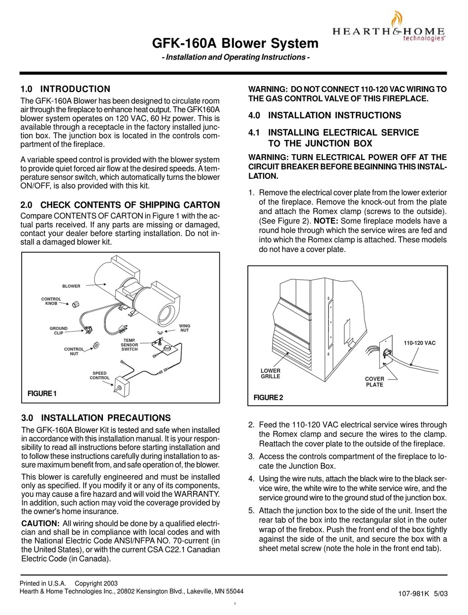 HEARTH AND HOME TECHNOLOGIES GFK160A INSTALLATION AND OPERATING