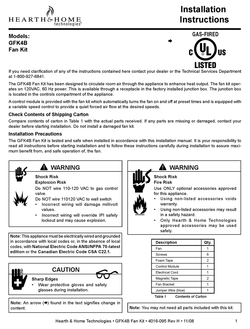 HEARTH AND HOME TECHNOLOGIES GFK4B INSTALLATION INSTRUCTIONS Pdf
