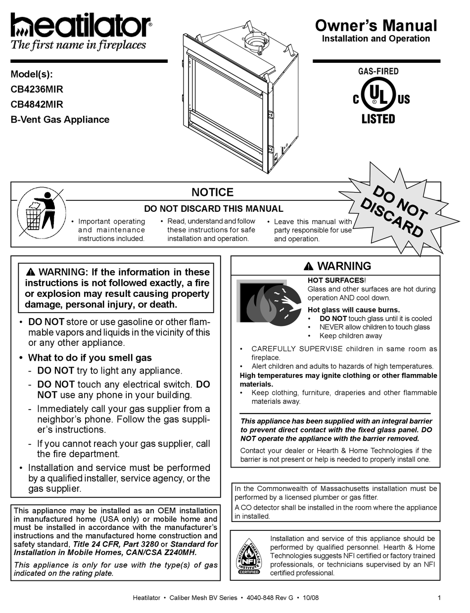 HEATILATOR BVENT GAS APPLIANCE CB4236MIR OWNER'S MANUAL Pdf Download