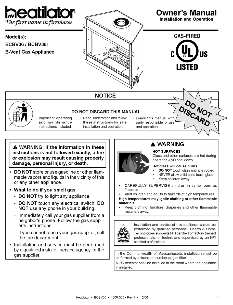 HEATILATOR BVENT GAS FIREPLACE BCBV36 OWNER'S MANUAL Pdf Download