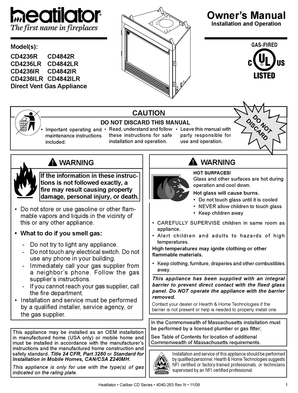 HEATILATOR DIRECT VENT GAS APPLIANCE CD4236ILR OWNER